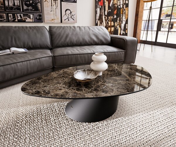 DELIFE Konferenčný stolík Edge organický 140x76 cm keramika Laminam® Emperador Extra Lucidato tmavohnedá konická kov čierna