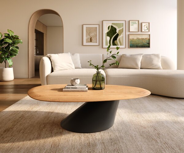 DELIFE Konferenčný stolík Edge oválny 140x75 cm dub prírodný zaoblená hrana Conis kov čierna