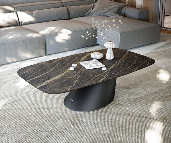 DELIFE Konferenčný stolík Edge zaoblený 140x80 cm keramika Laminam® Noir Desir hnedá Conis kov čierna