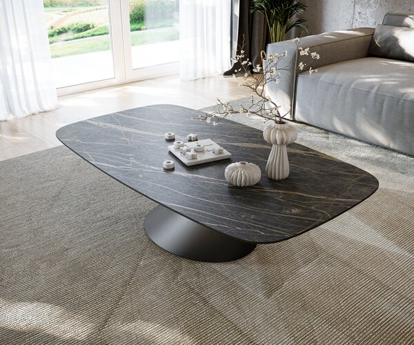 DELIFE Konferenčný stolík Edge zaoblený 140x80 cm keramika Laminam® Noir Desir hnedá Conis kov čierna