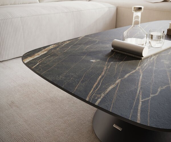 DELIFE Konferenčný stolík Edge zaoblený 120x70 cm keramika Laminam® Noir Desir hnedá Conis kov čierna