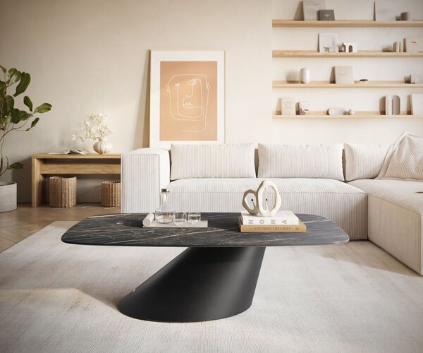 DELIFE Konferenčný stolík Edge zaoblený 120x70 cm keramika Laminam® Noir Desir hnedá Conis kov čierna
