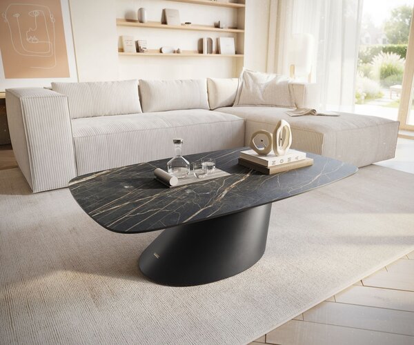 DELIFE Konferenčný stolík Edge zaoblený 120x70 cm keramika Laminam® Noir Desir hnedá Conis kov čierna