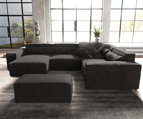 DELIFE Pohovka v tvare "U" Sirpio 300x210 cm mikrovlákno čierna ležadlo variabilné s taburetom