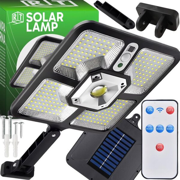 Solárne svetlo, detektor pohybu, solárna lampa, 220 LED diód, nabíjateľná batéria 2×1200 mAh, nastaviteľný uhol solárneho panelu, 3 režimy, pre záhradu, garáž, 6500K, IP65, Retoo