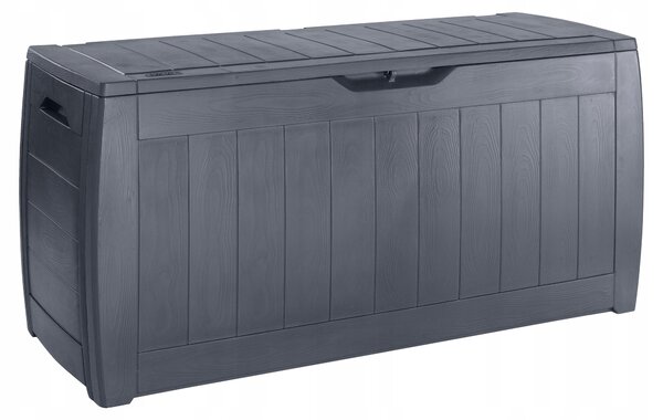 Tmavosivý úložný box má rozmery 117 x 45 x 57 cm a objem 270 litrov s uzamykateľným vekom