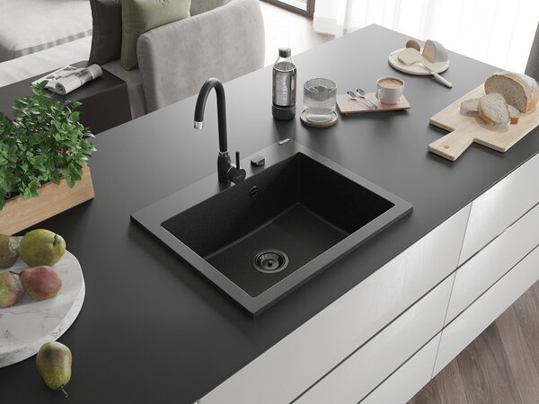 Mexen Elix, 1-komorový granitový drez 600 x 500 mm, čierna/strieborná metalíza, čierny sifón - 6525601005-73-B