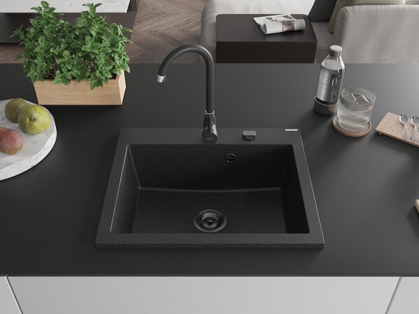 Mexen Elix, 1-komorový granitový drez 600 x 500 mm, čierna/strieborná metalíza, čierny sifón - 6525601005-73-B