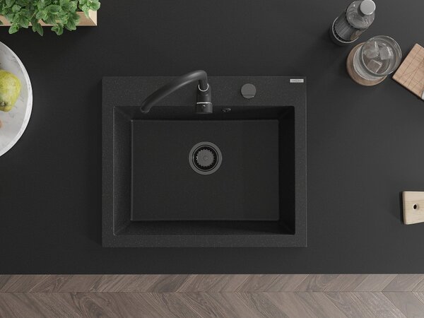 Mexen Elix, 1-komorový granitový drez 600 x 500 mm, čierna/strieborná metalíza, čierny sifón - 6525601005-73-B