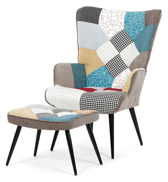 Kreslo ušiak s podnožou ELDORIA PATCHWORK