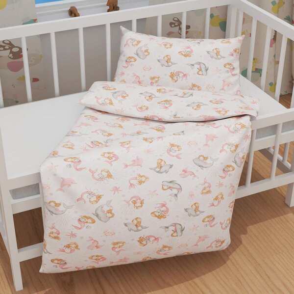 Biante Detské bavlnené posteľné obliečky do postieľky Sandra SA-527 Ružové morské panny s delfínmi a veľrybami na bielom Do postieľky 90x120 a 40x60 cm