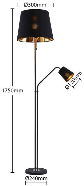 Lindby Stojacia lampa Efalia, čierna/zlatá, textil, svetlo na čítanie, Čierna, Obývacia izba / jedáleň, kov, Moderný, Stojaca lampa