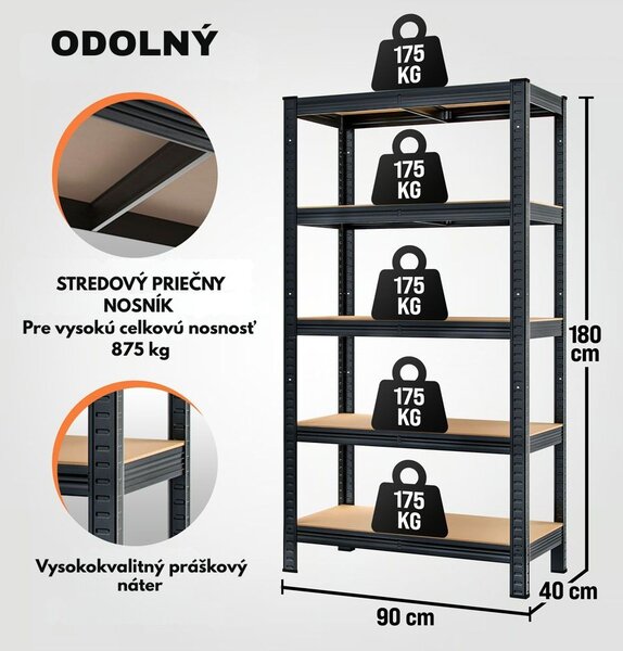 Regál s vysokou nosnosťou HEAVY, max. 875kg, 90x40x180cm, čierna Jurhan