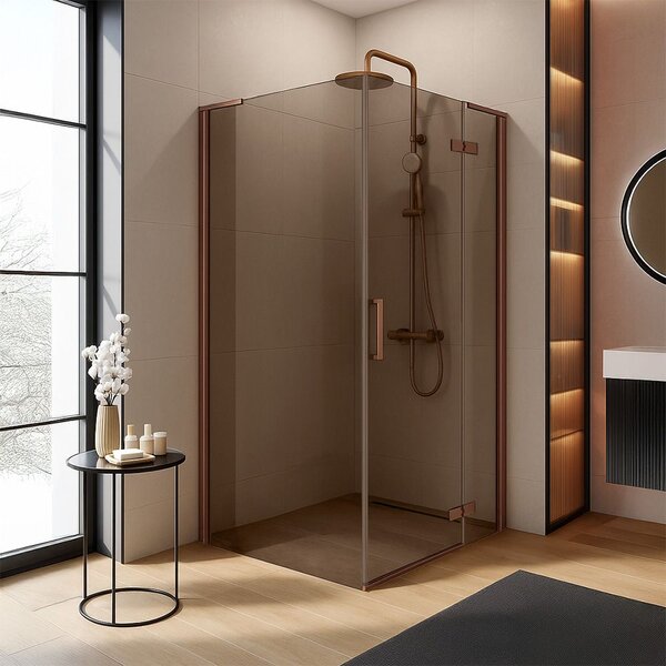Štvorcový sprchový kút REA HUGO Copper Brush 80x80 cm, meď kartáčovaná/hnedá dymová - bez vaničky