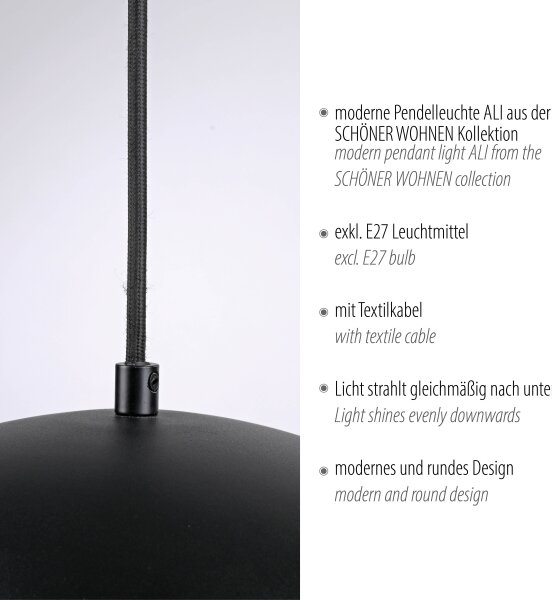 Schöner Wohnen 11728-18 - Závesný luster ALI na lanku, 1xE27/25W/230V, priemer 38 cm, čierny