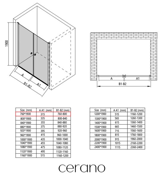 CERANO - 2-krídlové sprchové dvere Antelo L/P - 6 mm - chróm, číre sklo - 76x190 cm