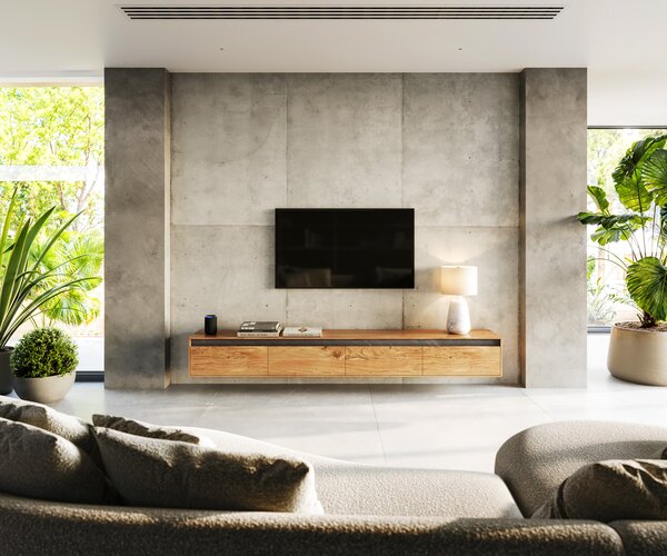 DELIFE Dizajnový TV stolík Stonegrace 240 cm akácia prírodná bridlica 4 dvierka závesný
