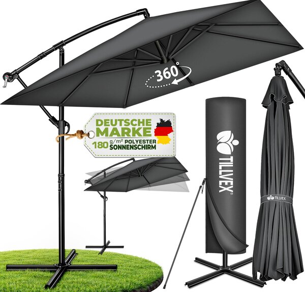 Tillvex® Obdĺžnikový hliníkový slnečník Ø 330 cm antracit + kryt s kľukou | Štvorcový konzolový slnečník so stojanom a vetrovkou | Hliníkový záhradný slnečník s UV ochranou | Slnečník s kľukou Vodotesný slnečník otočný o 360°