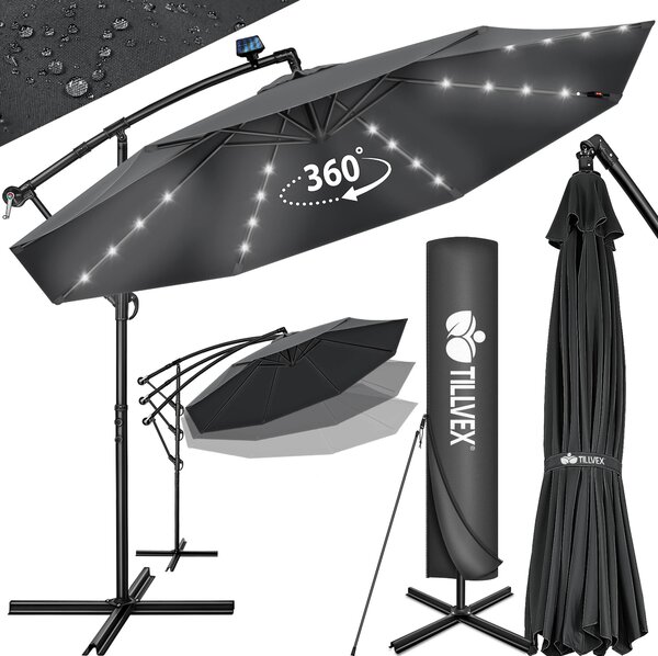 Tillvex hliníkový konzolový slnečník antracitový LED solárny Ø 350 cm s kľukou | slnečník s vypínačom | záhradný slnečník UV ochrana hliník | slnečník na kľuku so stojanom trhový slnečník vodotesný