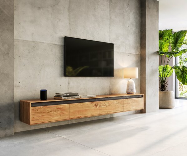 DELIFE Dizajnový TV stolík Stonegrace 240 cm akácia prírodná bridlica 4 dvierka závesný