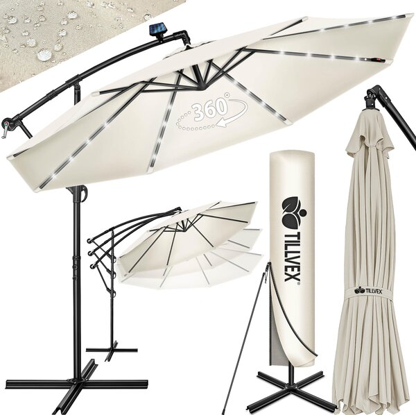 Tillvex Alu Ampelschirm Beige LED Solar Ø 300 cm mit Kurbel | Slnečník s vypínačom | Záhradný slnečník hliníkový s UV ochranou | Korbový slnečník so stojanom Trhový slnečník vodotesný
