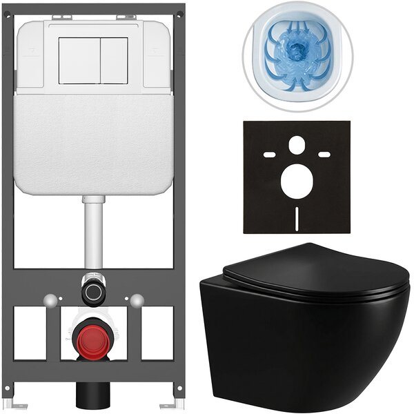 CERANO - Kompletná WC súprava Basic/Cesso - čierna lesklá - WC tlačidlo Maxio/Biela - závesné - predstenová inštalácia - 49x36 cm
