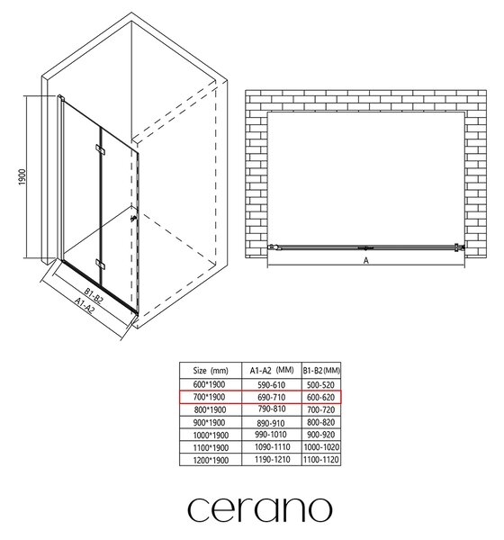 CERANO - Skladacie sprchové dvere Volpe L/P - 6 mm - matná čierna, transparentné sklo - 70x190 cm