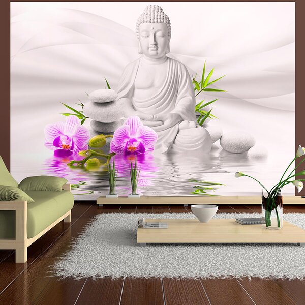 Samolepiaca fototapeta - Budha a ružové orchidey 147x105