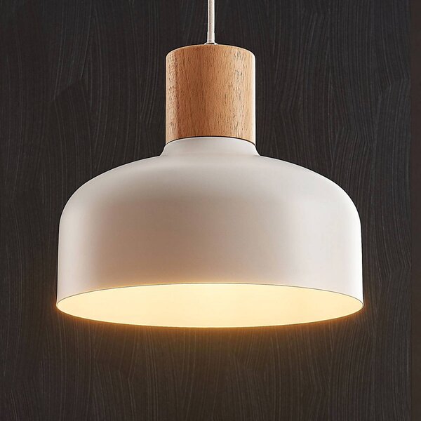 Lindby Závesná lampa Carlise s dreveným prvkom, Biela / opálová, Obývacia izba / jedáleň, kov, Škandinávsky, Závesné svietidlo