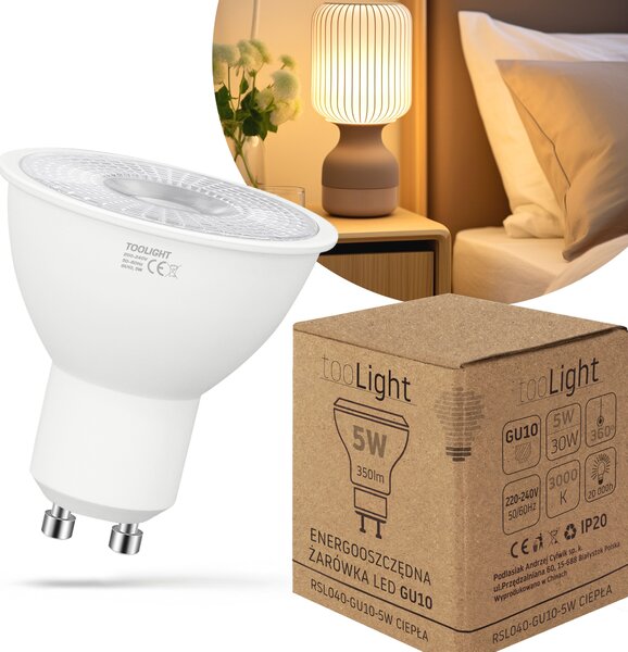 Toolight, LED žiarovka GU10, 5W, 350lm, 3000K, teplá farba, RSL040, OSW-20022