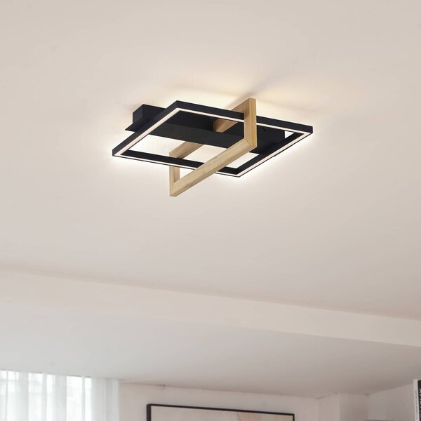 Lindby LED stropné svietidlo Holamu, 46 cm, čierna farba, drevo, kov, Čierna, Obývacia izba / jedáleň, Hliník, Moderný, Stropné svetlo