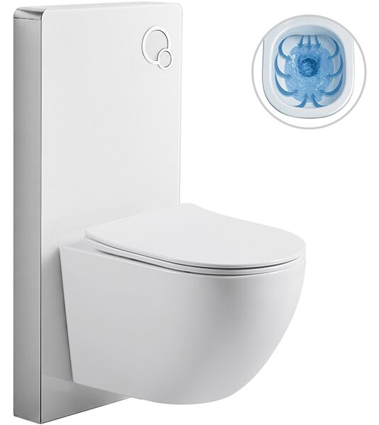 CERANO - Kompletná WC súprava Modul/Cesso - biela lesklá - integrované splachovacie tlačidlo - pneumatický modul - 49x36 cm