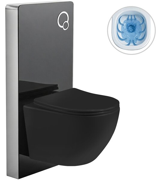 CERANO - Kompletná WC súprava Modul/Cesso - lesklá čierna - integrované WC tlačidlo - pneumatický modul - 49x36 cm
