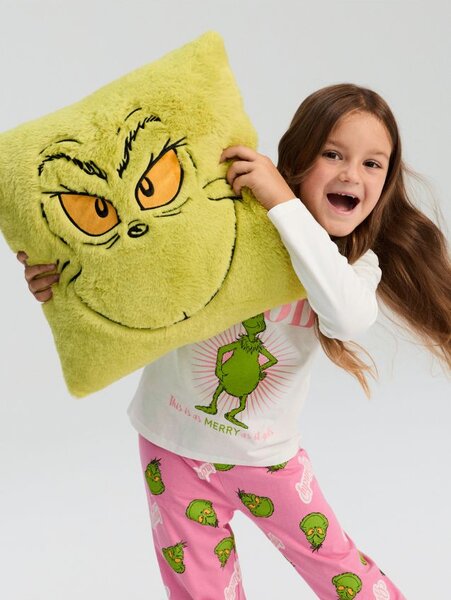 Sinsay - Kožušinový dekoračný vankúš s vianočným motívom Grinch - žlto-zelená