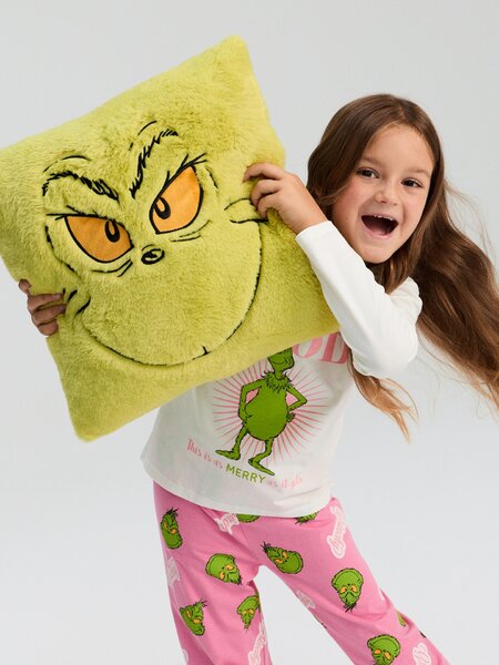 Sinsay - Kožušinový dekoračný vankúš s vianočným motívom Grinch - žlto-zelená