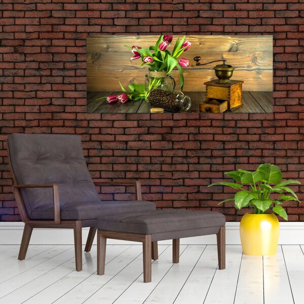 Obraz - tulipány, mlynček a káva (120x50 cm)