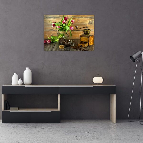 Obraz - tulipány, mlynček a káva (70x50 cm)