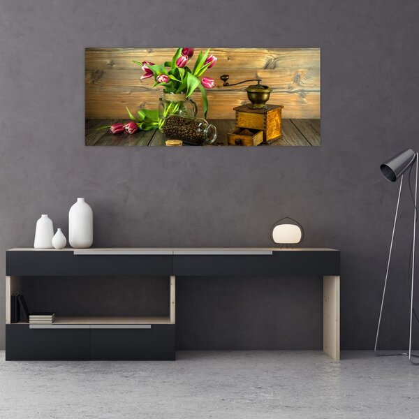 Obraz - tulipány, mlynček a káva (120x50 cm)