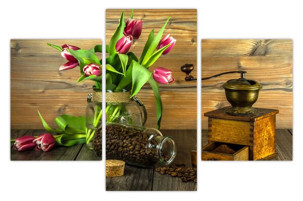 Obraz - tulipány, mlynček a káva (90x60 cm)