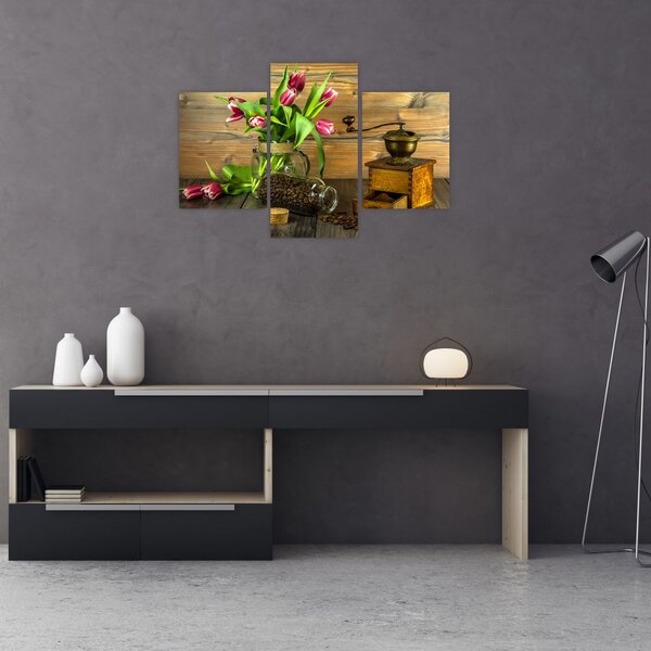 Obraz - tulipány, mlynček a káva (90x60 cm)
