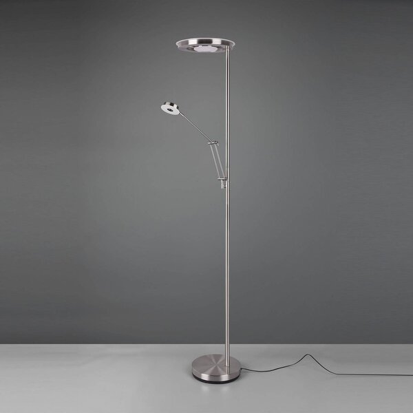 Trio Lighting LED stojacia lampa osvetľujúca strop Barrie s lampou na citanie, matný nikl, Hliník / sivá / zinok, Obývacia izba / jedáleň, kov, Moderný, Zemné bodové svetlo