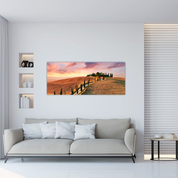 Obraz - Dom na kopci, Toskánsko, Taliansko (120x50 cm)