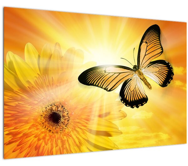 Obraz - Žltý motýľ s kvetom (90x60 cm)