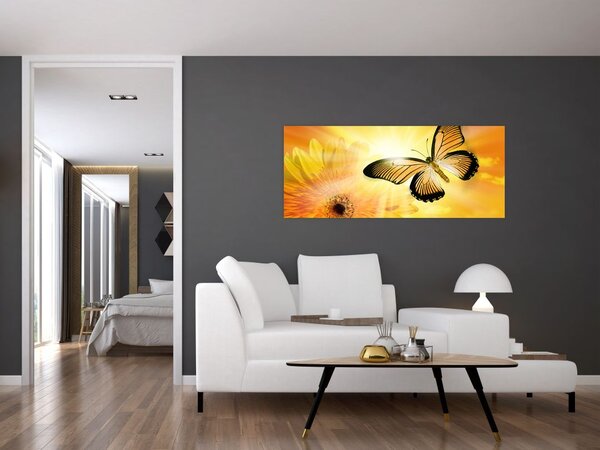 Obraz - Žltý motýľ s kvetom (120x50 cm)