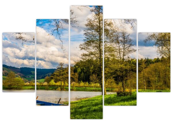Obraz loďky pri jazere (150x105 cm)