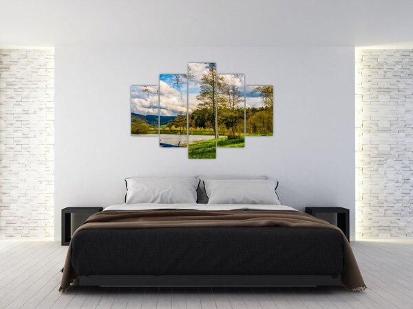 Obraz loďky pri jazere (150x105 cm)