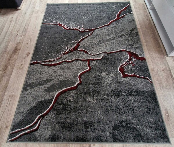 HU Sivý abstraktný obdĺžnikový koberec NEW IDEA 90321-0564 imitácia mramoru s červenými žilami Rozmer: 50x80 cm