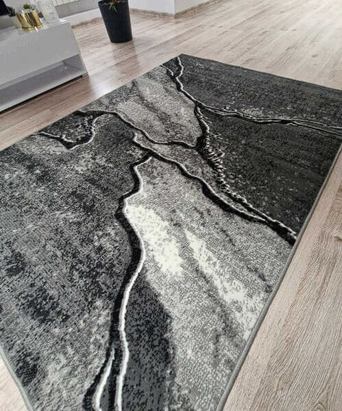 HU Sivý abstraktný obdĺžnikový koberec NEW IDEA 90321-0433 imitácia mramoru s čienymi žilami Rozmer: 50x80 cm