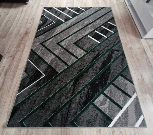 HU Sivý geometrický obdĺžnikový koberec NEW IDEA 90301-0574 so zelenými čiarami Rozmer: 50x80 cm