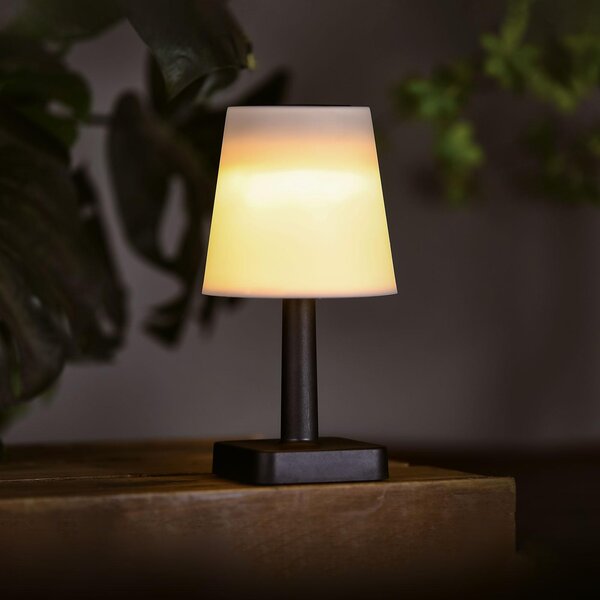 Solárna stolná lampa pre vonkajšie použitie, napájaná solárnou energiou, Ø12 x 23 cm – biela – teplé biele LED svetlo – IP44 – bezdrôtová – záhrada, terasa a balkón [13006]